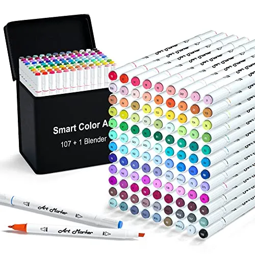 108 Pack Art Markers, 107 Coloring Markers and 1 Blender, Alcohol Based Dual Tip Permanent Markers Highlighters with Case, Excellent for Adults Kids