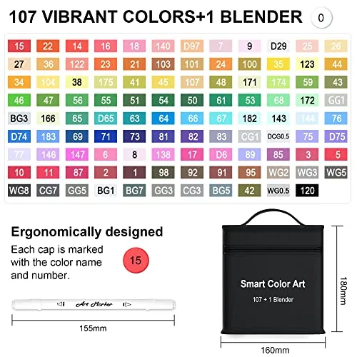 108 Pack Art Markers, 107 Coloring Markers and 1 Blender, Alcohol Based Dual Tip Permanent Markers Highlighters with Case, Excellent for Adults Kids
