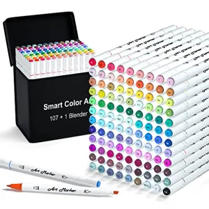 108 Pack Art Markers, 107 Coloring Markers and 1 Blender, Alcohol Based Dual Tip Permanent Markers Highlighters with Case, Excellent for Adults Kids