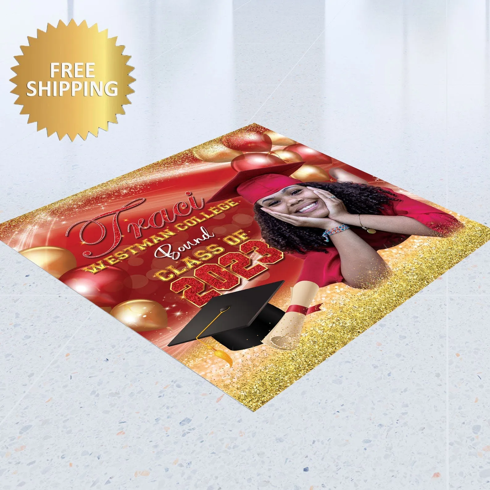 2023 Graduation decal, Removable sticker, Removable vinyl sticker,Floor Decal sticker, Grad stic, Red and gold backdrop, Graduation backdrop