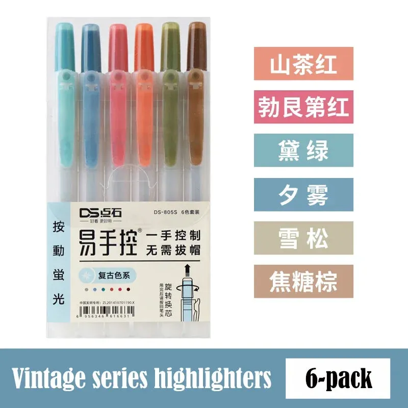 6Pcs/set Retractable Highlighters Refillable Pastel Highlighter Pen Fluorescence Markers for Journaling School Office Supplies