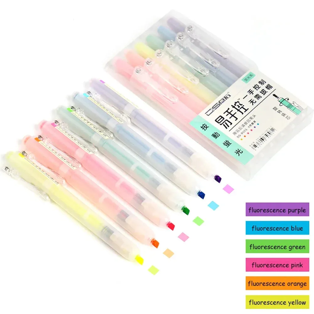 6Pcs/set Retractable Highlighters Refillable Pastel Highlighter Pen Fluorescence Markers for Journaling School Office Supplies