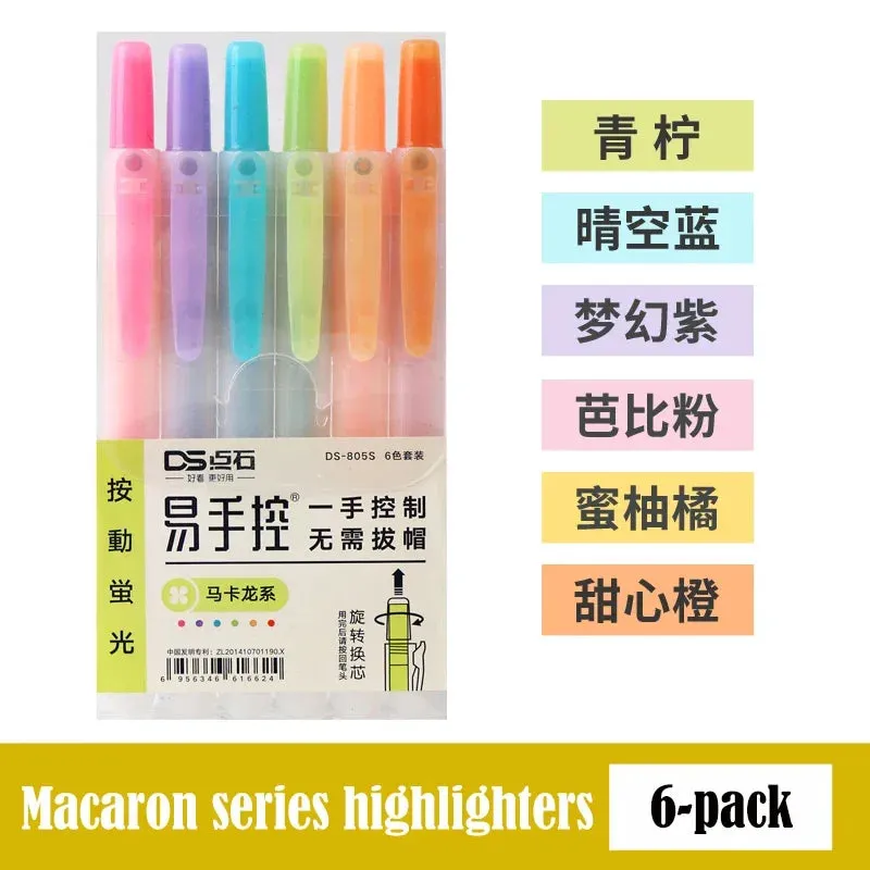 6Pcs/set Retractable Highlighters Refillable Pastel Highlighter Pen Fluorescence Markers for Journaling School Office Supplies