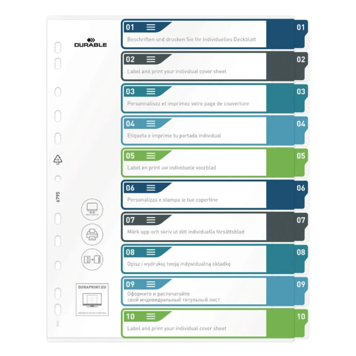 Durable Divider Colored A4 , made of PP, printable, 10 Tabs